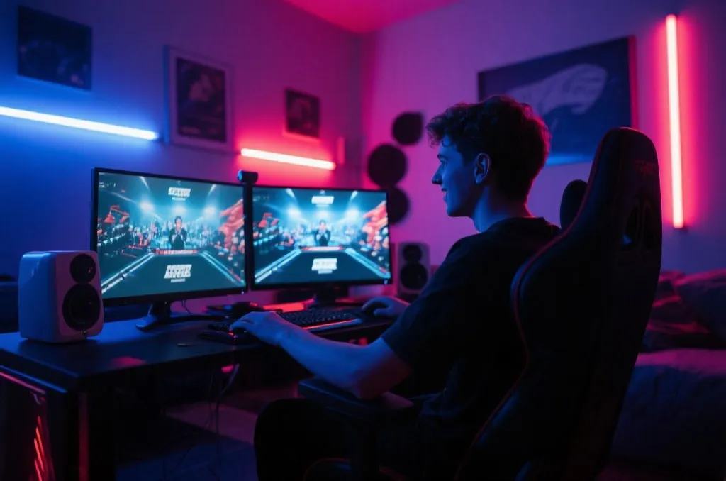 热情的电竞粉丝在电脑前观看DOTA2国际邀请赛直播,屏幕上满是弹幕