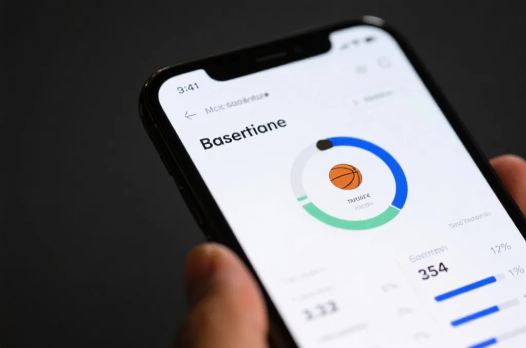 A close-up of a mobile screen showing generic basketball game statistics and player metrics, clean interface design, modern aesthetic